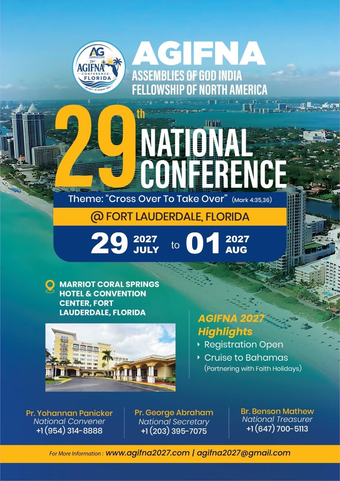 AGIFNA 2027 conference flyer: 29th National Conference, theme Cross Over To Take Over, Mark 4:35–36, July 29 to August 1, 2027, Marriott Coral Springs Hotel and Convention Center, Fort Lauderdale, Florida, with contacts for the National Convener, Secretary and Treasurer.