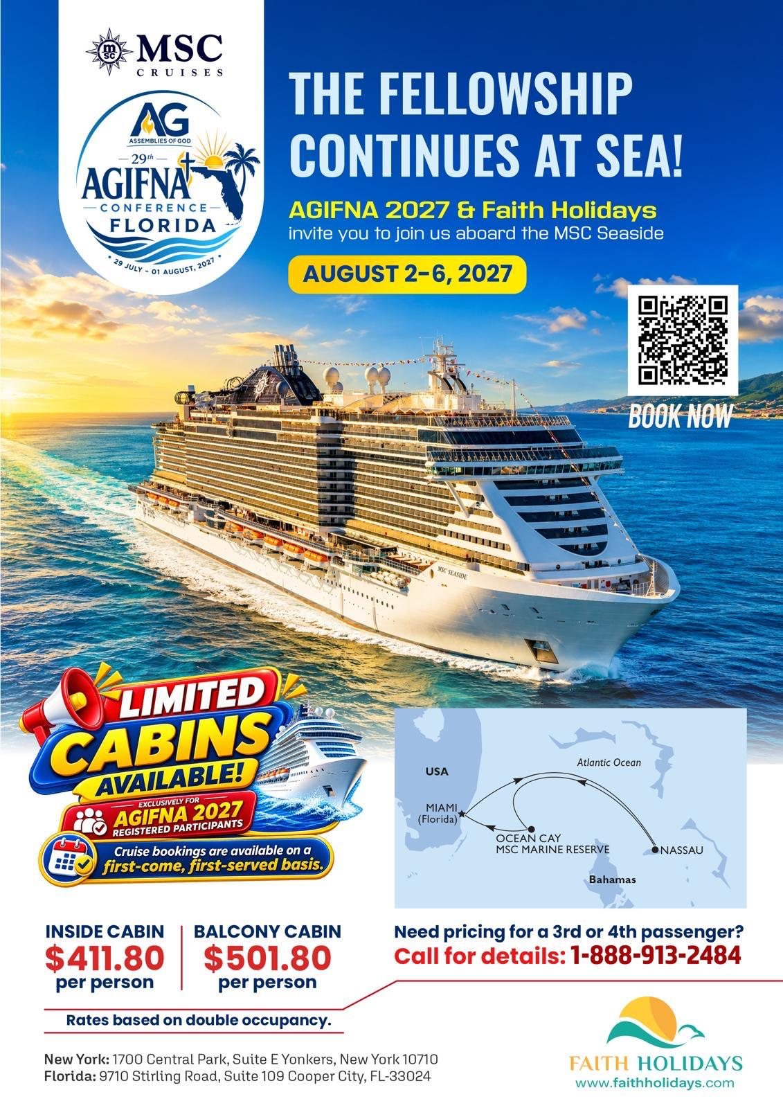 Cruise flyer: MSC Seaside from Miami to Nassau and Ocean Cay, August 2 to 6, 2027, for registered AGIFNA 2027 participants, booked through Faith Holidays. Inside cabin $411.80 and balcony cabin $501.80 per person, double occupancy. Call 1-888-913-2484.