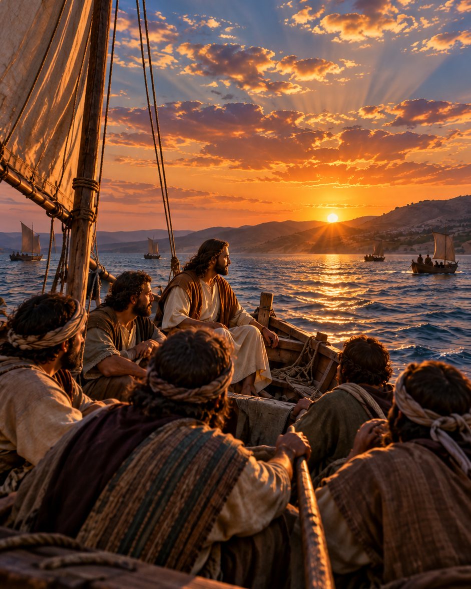 Jesus seated in a fishing boat with his disciples at sunset, other small sailing boats on the water nearby